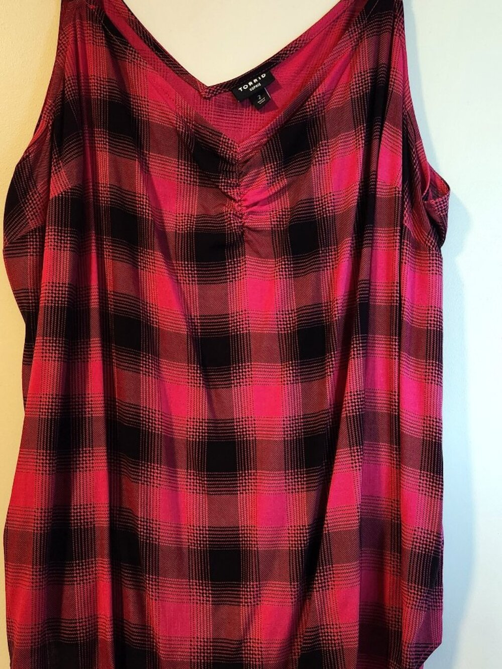 Torrid Ruched V-Neck Cami, Red/Black Gingham Plaid 99% rayon, 1% spandex 2XL